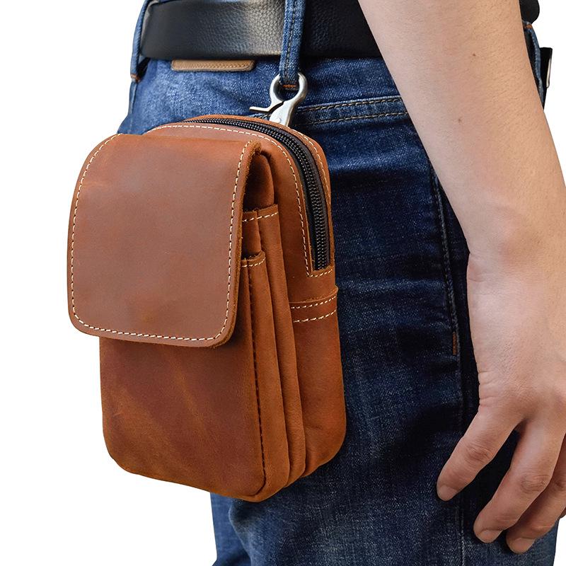 Men's Genuine Crazy Horse Leather Waist Bag - First Layer Cowhide Belt Hanging Mobile Phone Bag