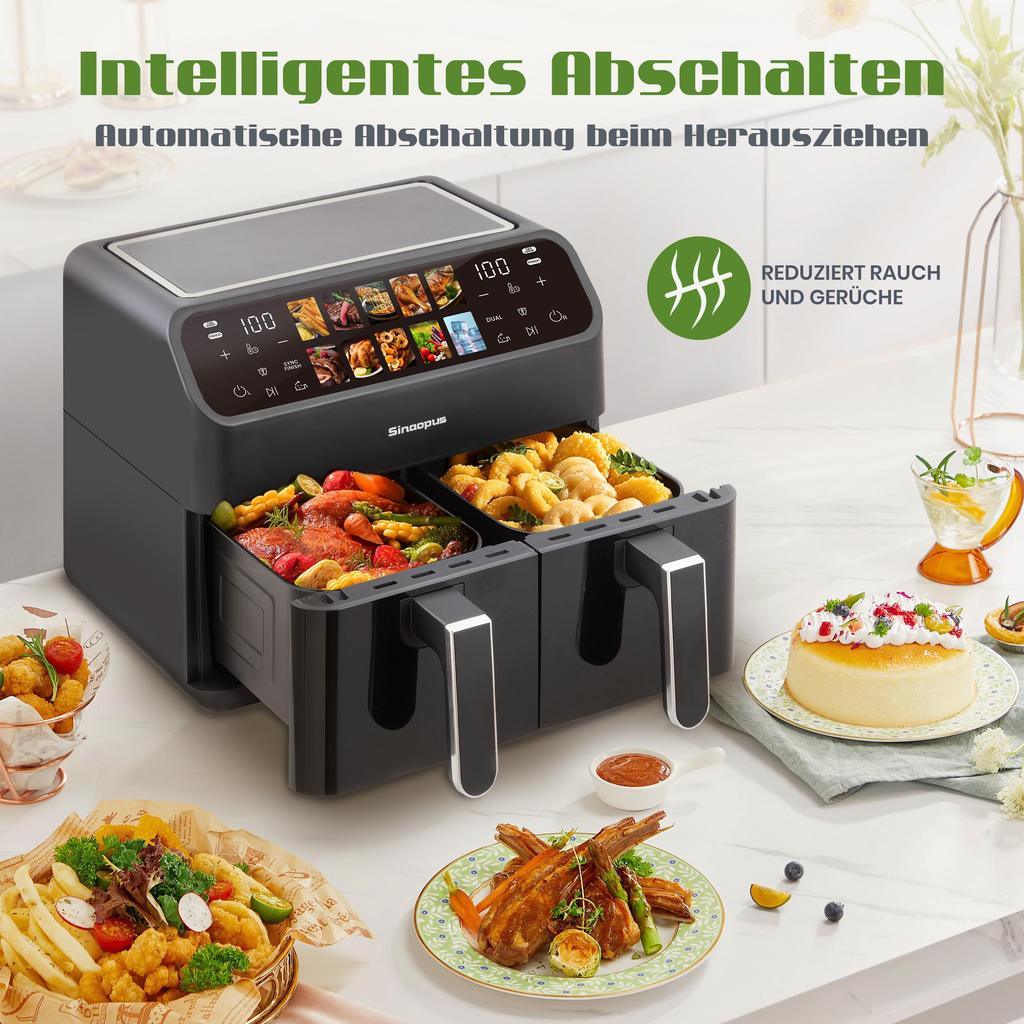 9L Air Fryer with Double Chamber, Fryer with LED Display, Adjustable Time and Temperature 80-200℃