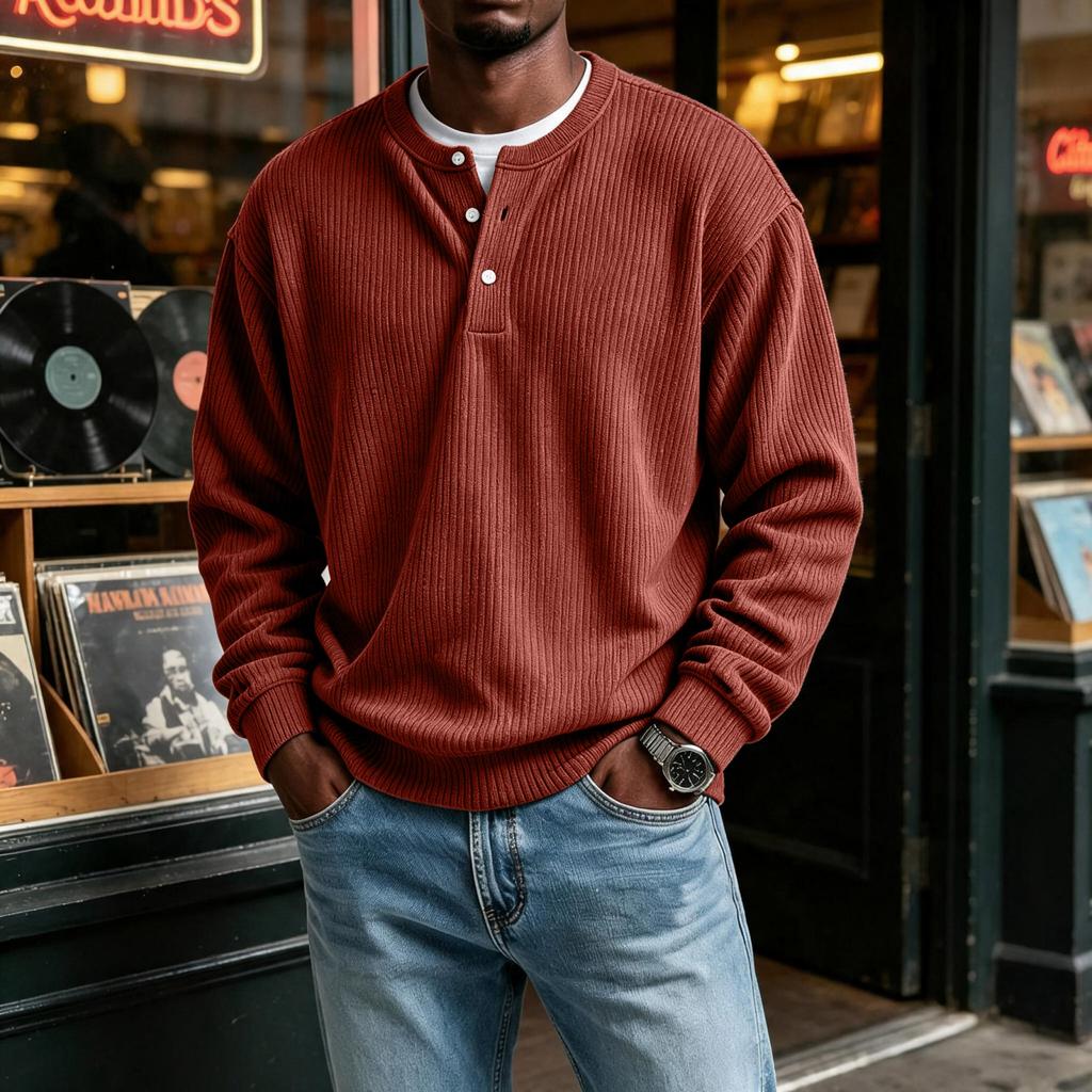 Herren Retro Corduroy Sweatshirt, Langarm Drei-Knopf Passform Pullover für den Alltag