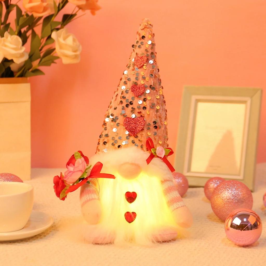 Lighted Valentines Gnomes Plush Doll, Handmade Scandinavian Swedish Tomte, Light Up Toy Holiday, Battery Operated Valentine's Day Gift Tabletop