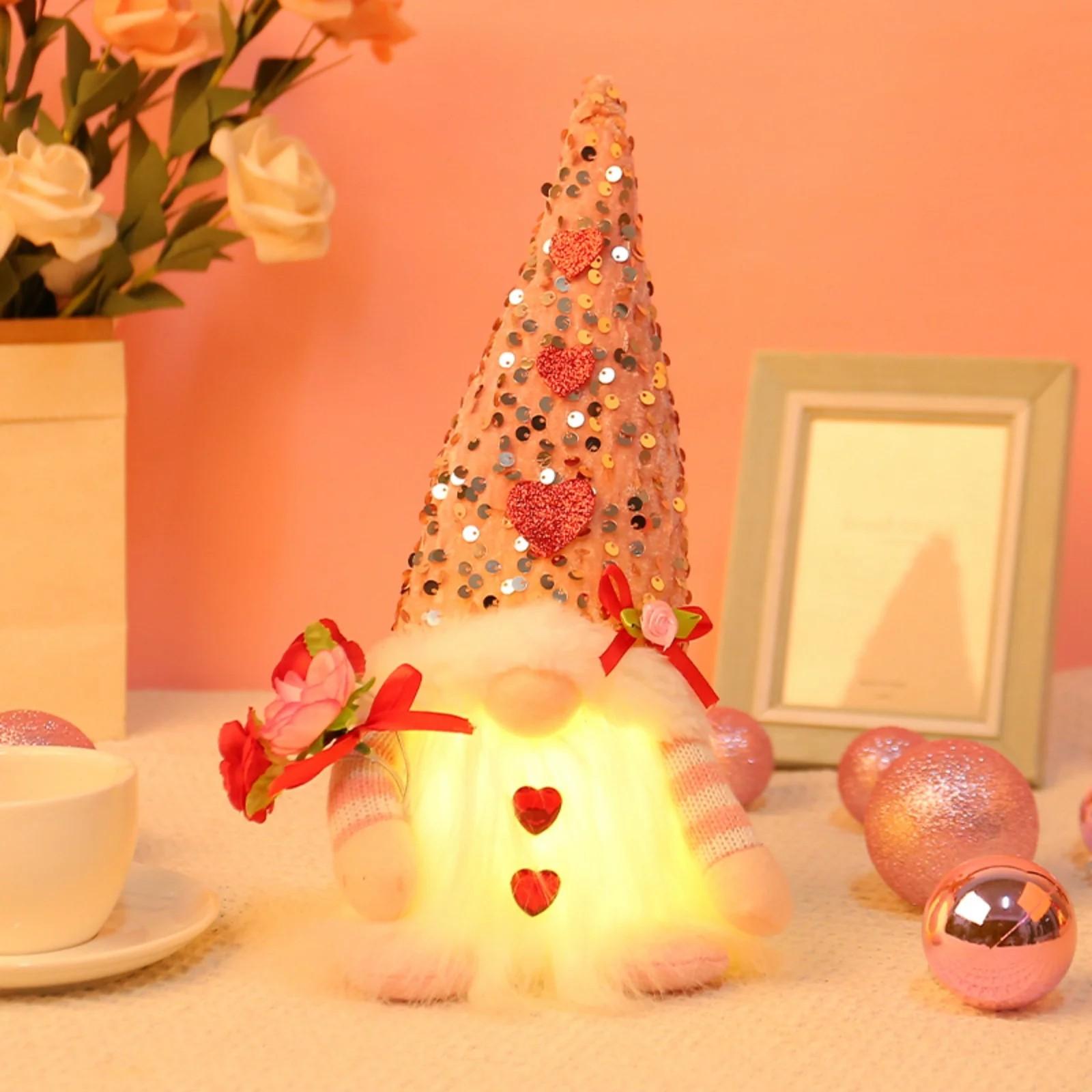 

Valentine s Day LED Light Up Gnome Decoration Romantic Heart Design with Sequined Hat, Perfect Gift One Size розовый