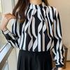 Autumn Fashion New Long Sleeve Women Blouse Stand Collar Black White Striped Chiffon Blouse Shirt Women Tops J739