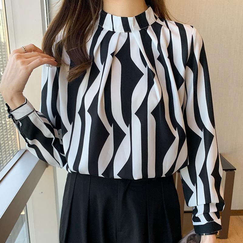 Autumn Fashion New Long Sleeve Women Blouse Stand Collar Black White Striped Chiffon Blouse Shirt Women Tops J739