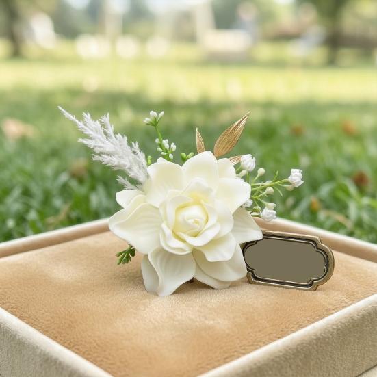 Men Simulated Rose Corsage Lightweight Compact Size Brooch Forest Style Suit Decoration with Green Leaves Vine Elements Prom Floral Accessory