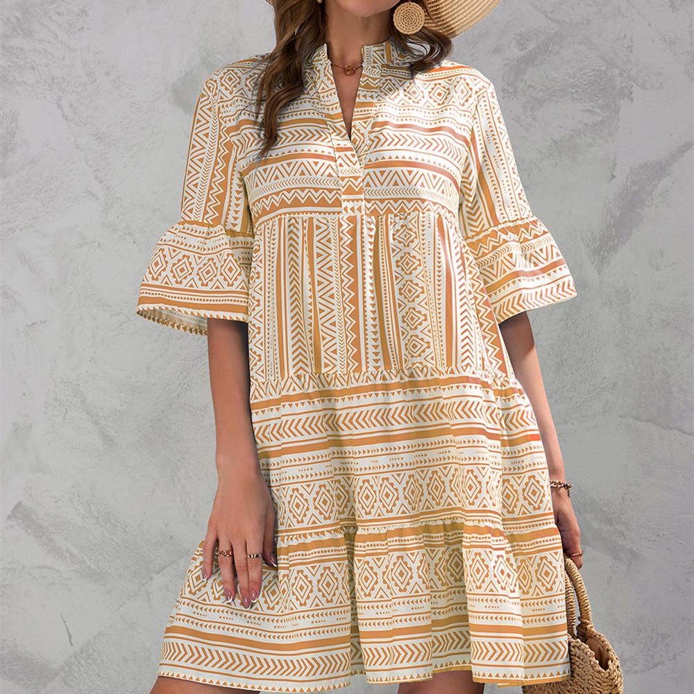 QICED Damenmode Sommer Frühling Rautendruck Kurzarm V-Ausschnitt Hohe Taille Freizeitkleider