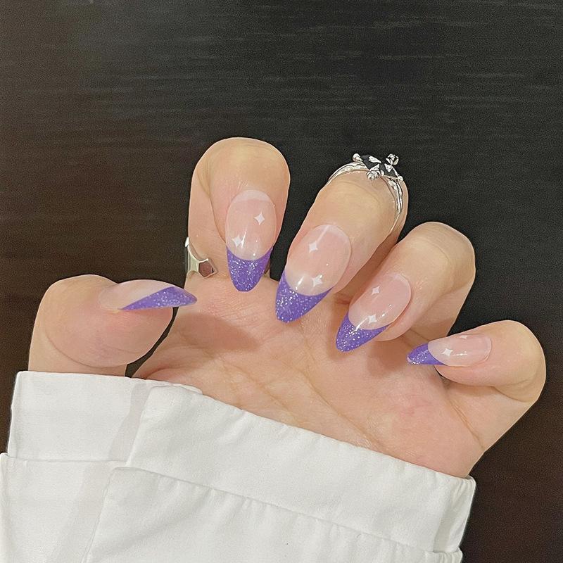 

Purple Glitter Star Medium Length Nail Stickers Glue Kit