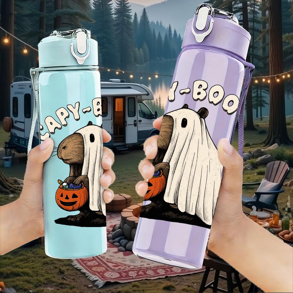 1PC Ghost Holding Pumpkin Cartoon 750ml Color Plastic Sports Water Bottle Leakproof Flip Straw Lid Suitable for Sports Office Home Use
