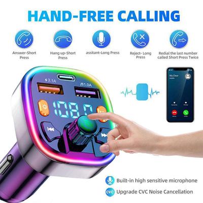 Car Bluetooth 5.0 FM Transmitter USB Type C Charger 3.1A Car Mp3 Car Player Fast Charging Handsfree Colorful Light Car Accessory