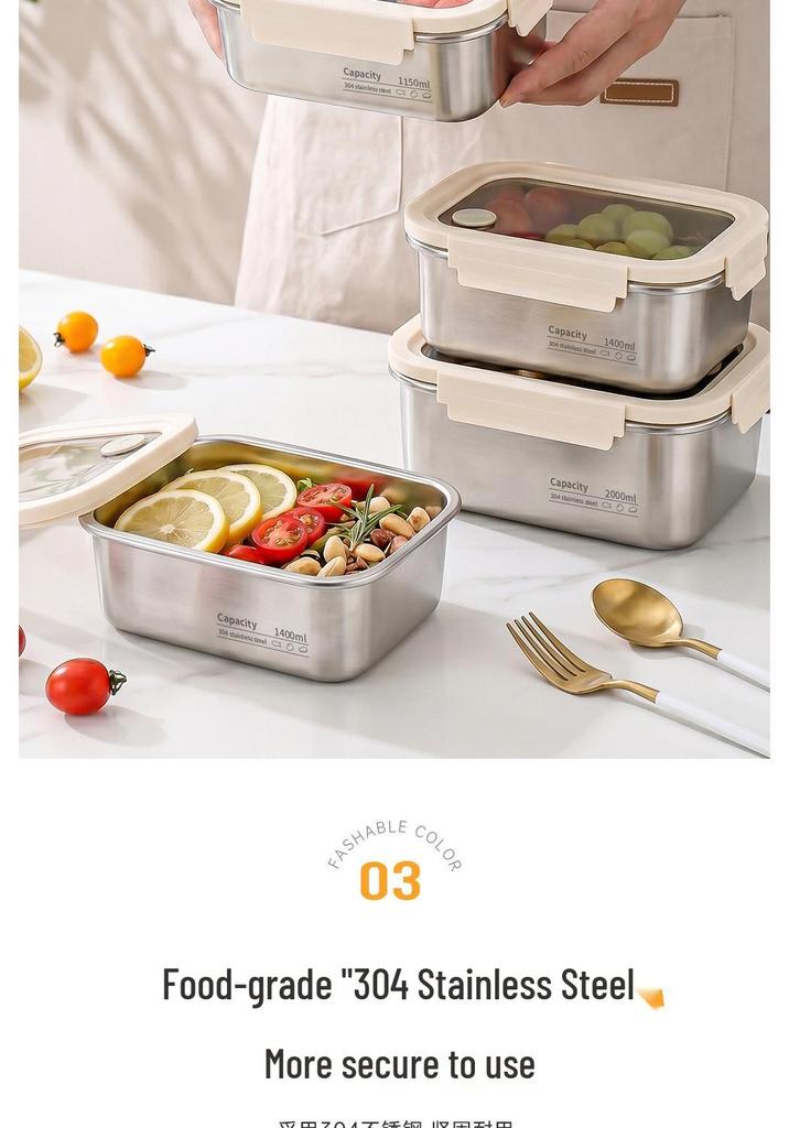 304 Stainless Steel Food Grade Fresh-Keeping Lunch Box with Lid for Refrigerator Storage and Meal Prep.