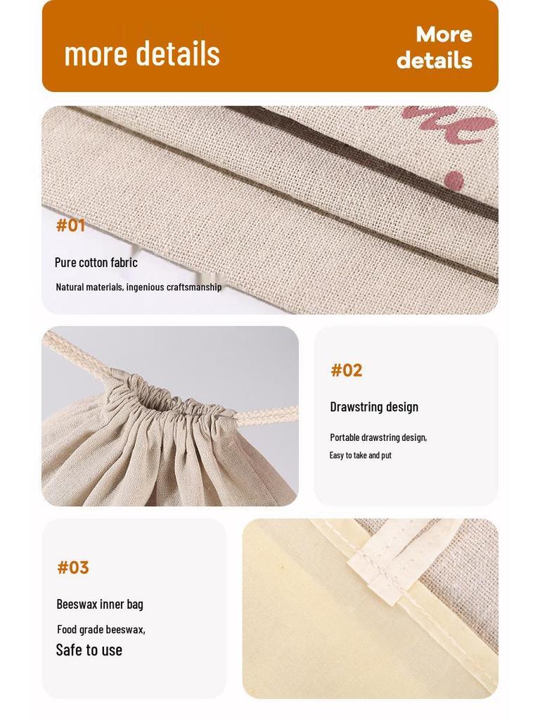 Nien Linen Beeswax Bread Bag with Detachable Inner Layer - All-Cotton, Food-Grade Drawstring Closure