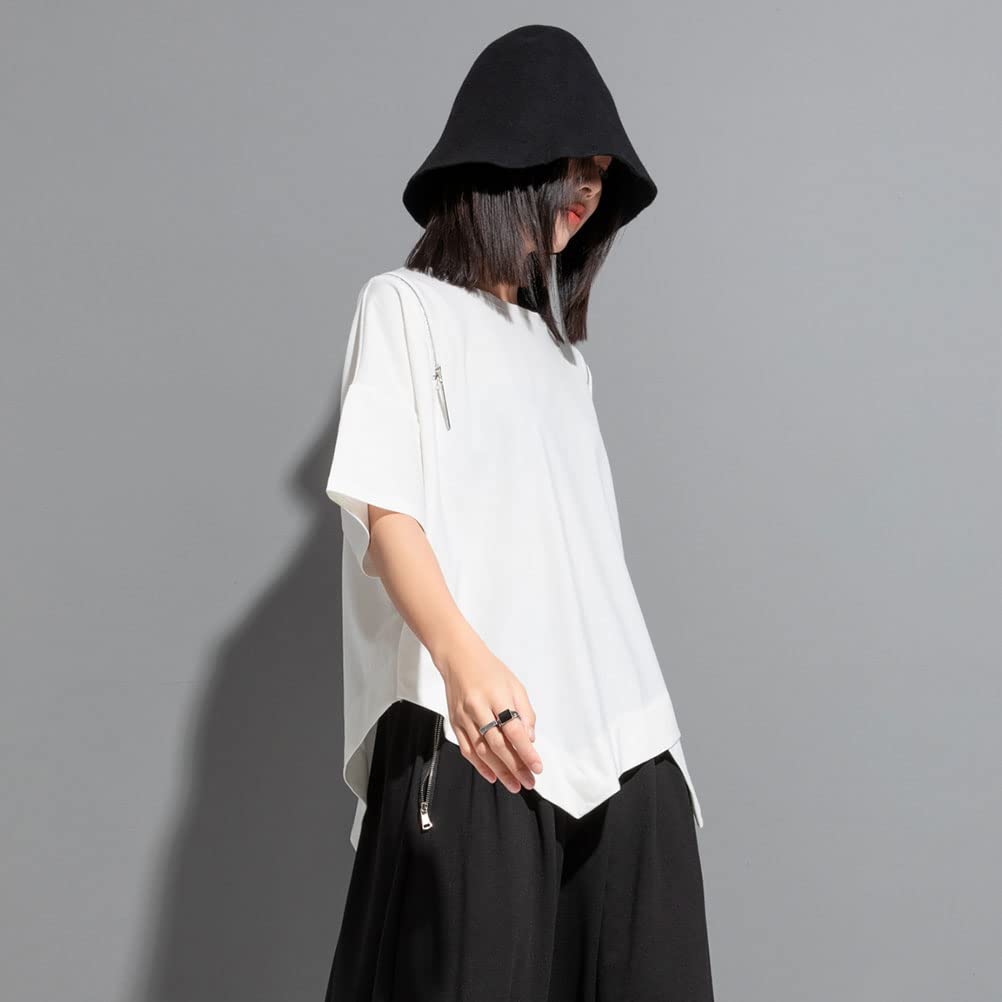 Morino Short Sleeve Loose Fit Solid Street Summer Size Women's T-Shirt, Color, Asymmetrical, Zippered, Off-the-Shoulder, Casual, Fashionable, Unique,