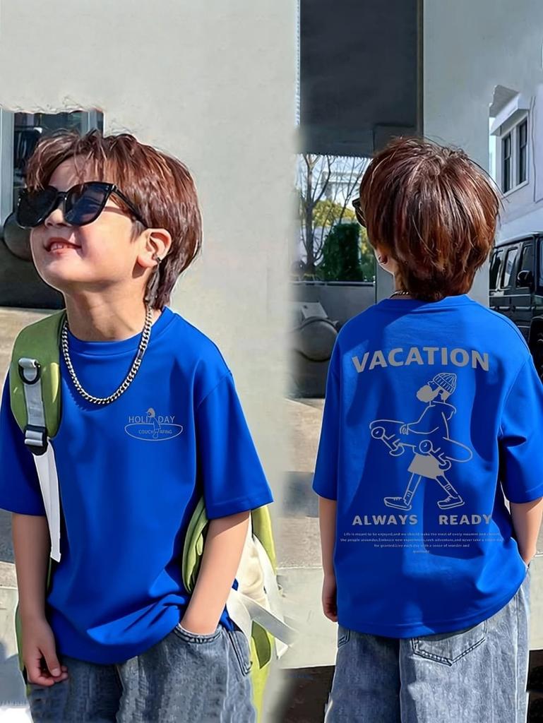 Boys' Cartoon Pattern Short Sleeve T-Shirt Loose Fit Summer Casual Wear Fashion Casual Round Neck T-Shirt Children's Clothing