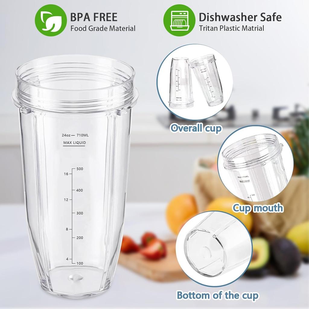 Blender Replacement Parts 24oz Ninja Blender Cups with To-Go Lids, 7 Fins Extractor Blade, Compatible with Nutri Ninja Auto iQ Blenders BL2012 BN801