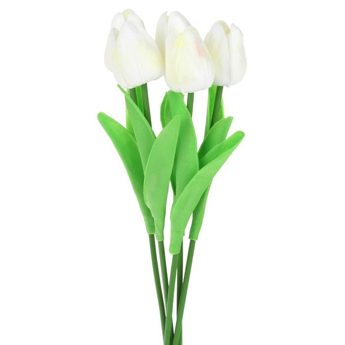 Silicone Tulips Artificial Flowers 34 Cm Decorative Plants for Vase 5 Pcs - White