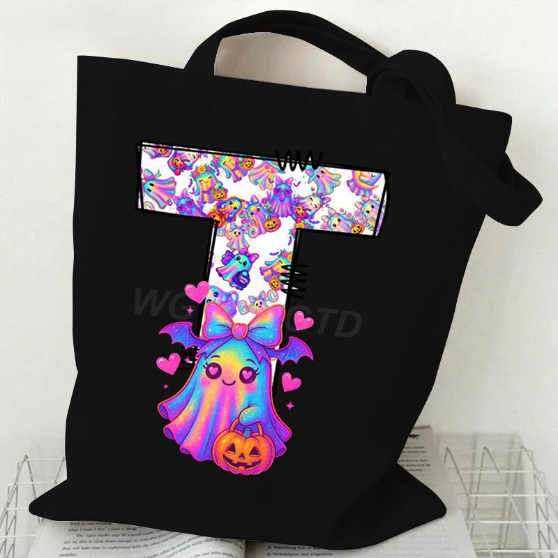 Halloween Alphabet Canvas Bag Going Out Portable Handbag Women's Large Capacity Casual Shoulder Crossbody Bag