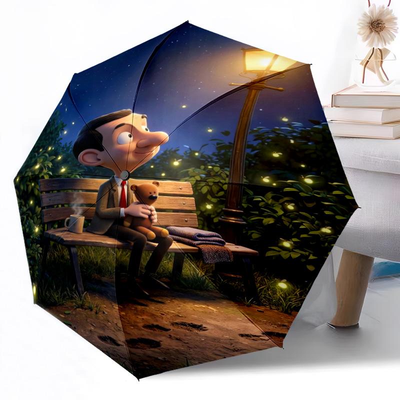 1pc Mr Bean In Ufo Automatic Umbrella Compact Durable 8 Rib Design Durable Plastic Iron Travel Essential Outdoor Accessory Spiritual Gift Y2