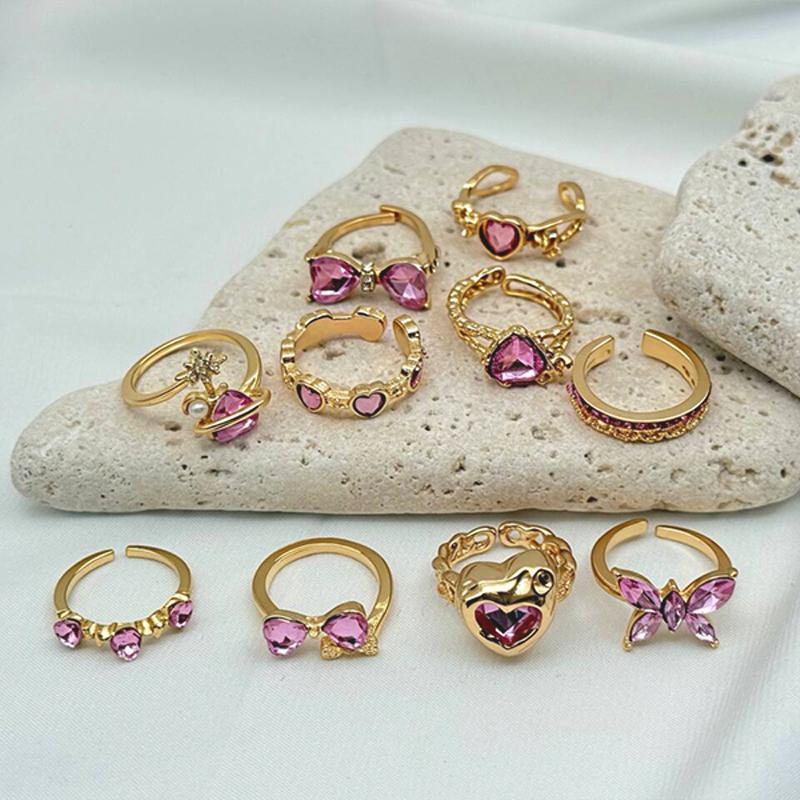 Woman Gold Plated Alloy Open Stacking Rings Set Pink Diamond Heart Bow butterfly Couple Wedding Rings for Girls Fashion Jewelry