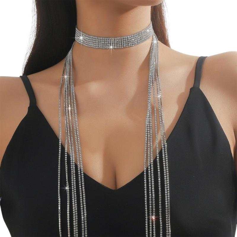 Sparkling Scarf for Women Chain Collar Full Rhinestones Tassels Nightclub Party Raves Costume Blingbling Choker
