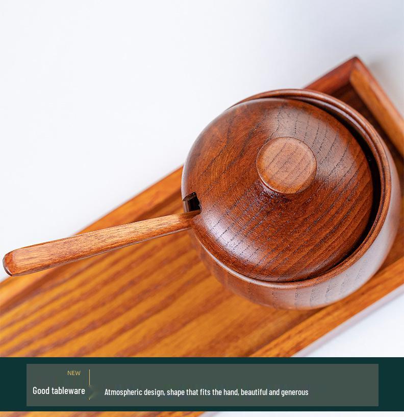 Japanese Retro Wooden Condiment Jar with Lid - Solid Jujube Wood Kitchen Salt Box