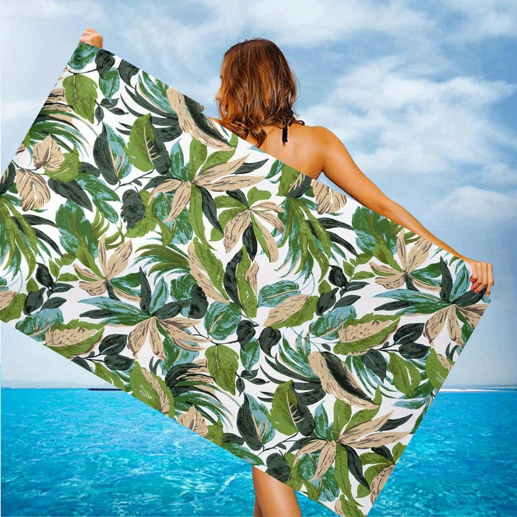 Tropical Palm Leaf Print Beach Towel Turquoise Monstera Banana Leaf Design Lightweight Quick-Dry-like Soft Bath Towel