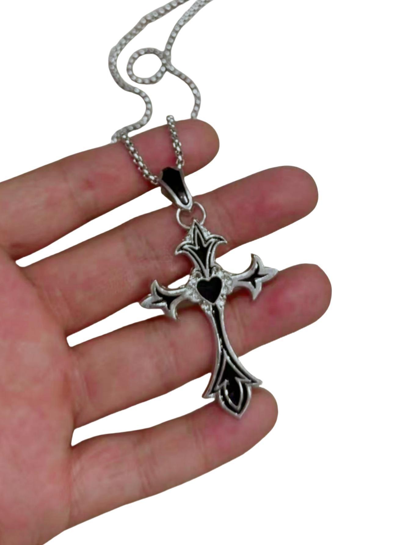Hip-hop Punk Sliver Color Stainless Steel Box Chain Black Heart Cross Pendant Necklace for Women Men Retro Gothic Jewelry Gifts