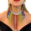 Exaggerated Colorful Rhinestone Necklace Earrings Set, Luxury Full Diamond Tassel Necklace Earrings Jewelry Set