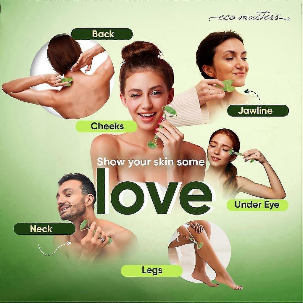 Jade Roller and Gua Sha Set - 100% Natural & Authentic - Body & Face Massager Roller for Eye Puffiness, Skin Tightening, Jawline & Fine Lines, Beauty