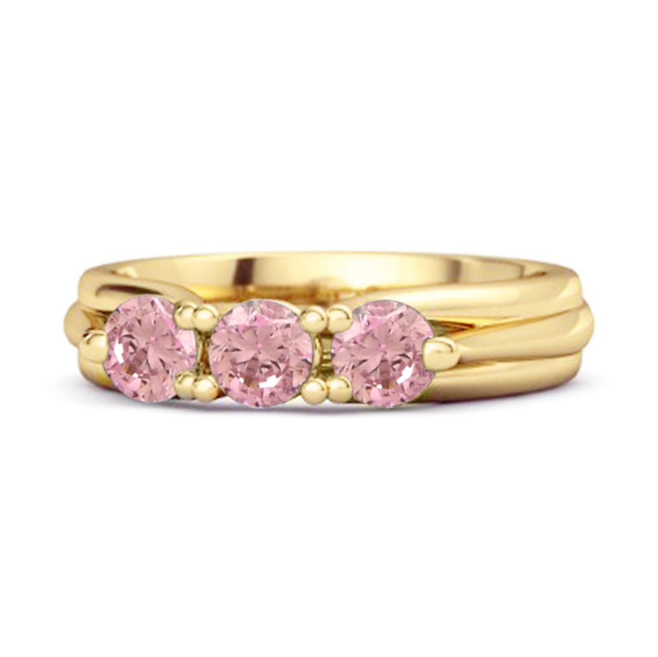 Pink CZ Three Stone Women Wedding Ring  - 925 Sterling Silver Gold Vermeil 11.5