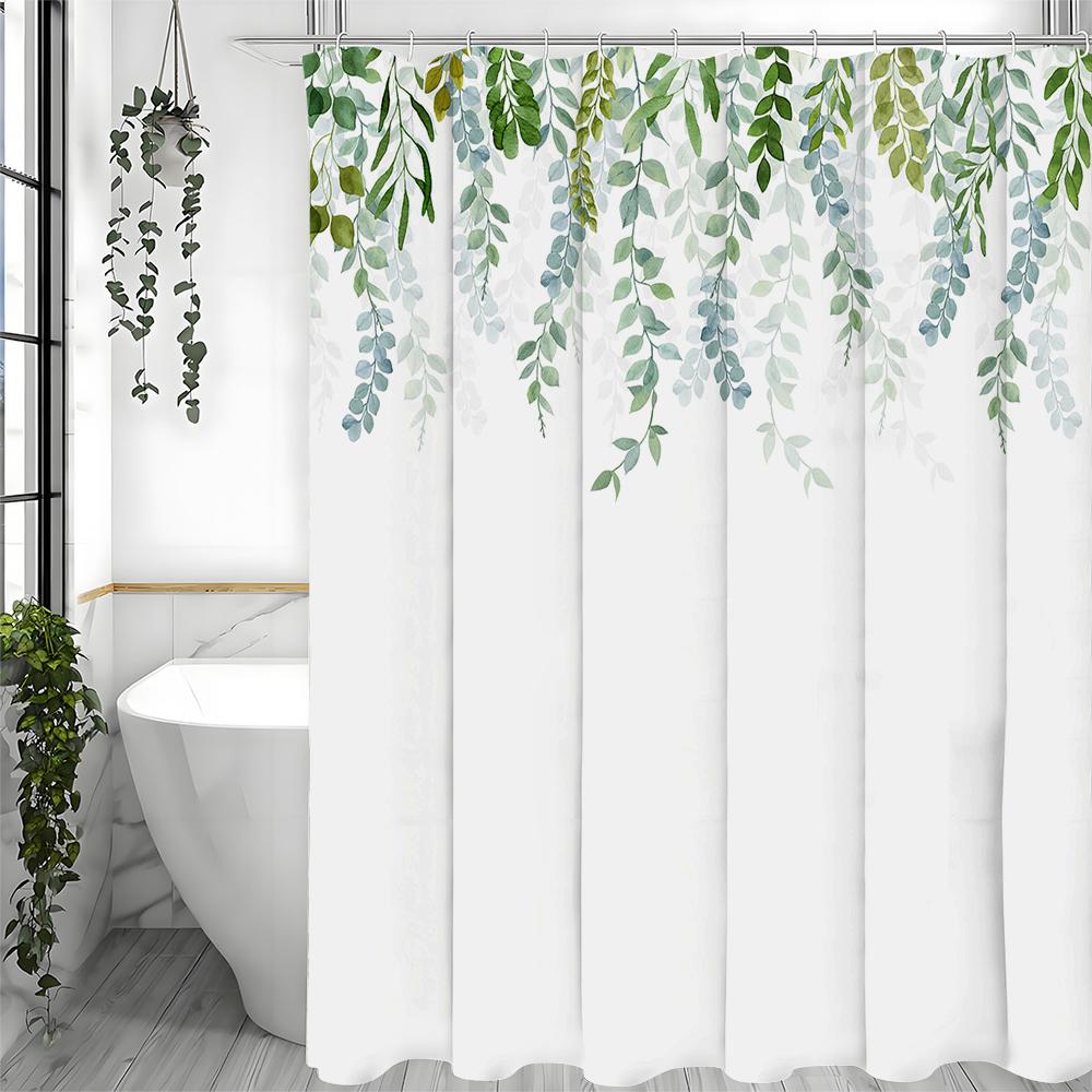 Fresh Green Leaf Shower Curtain, Bathroom Decorative Shower Curtain, Waterproof Shower Curtain with Hooks