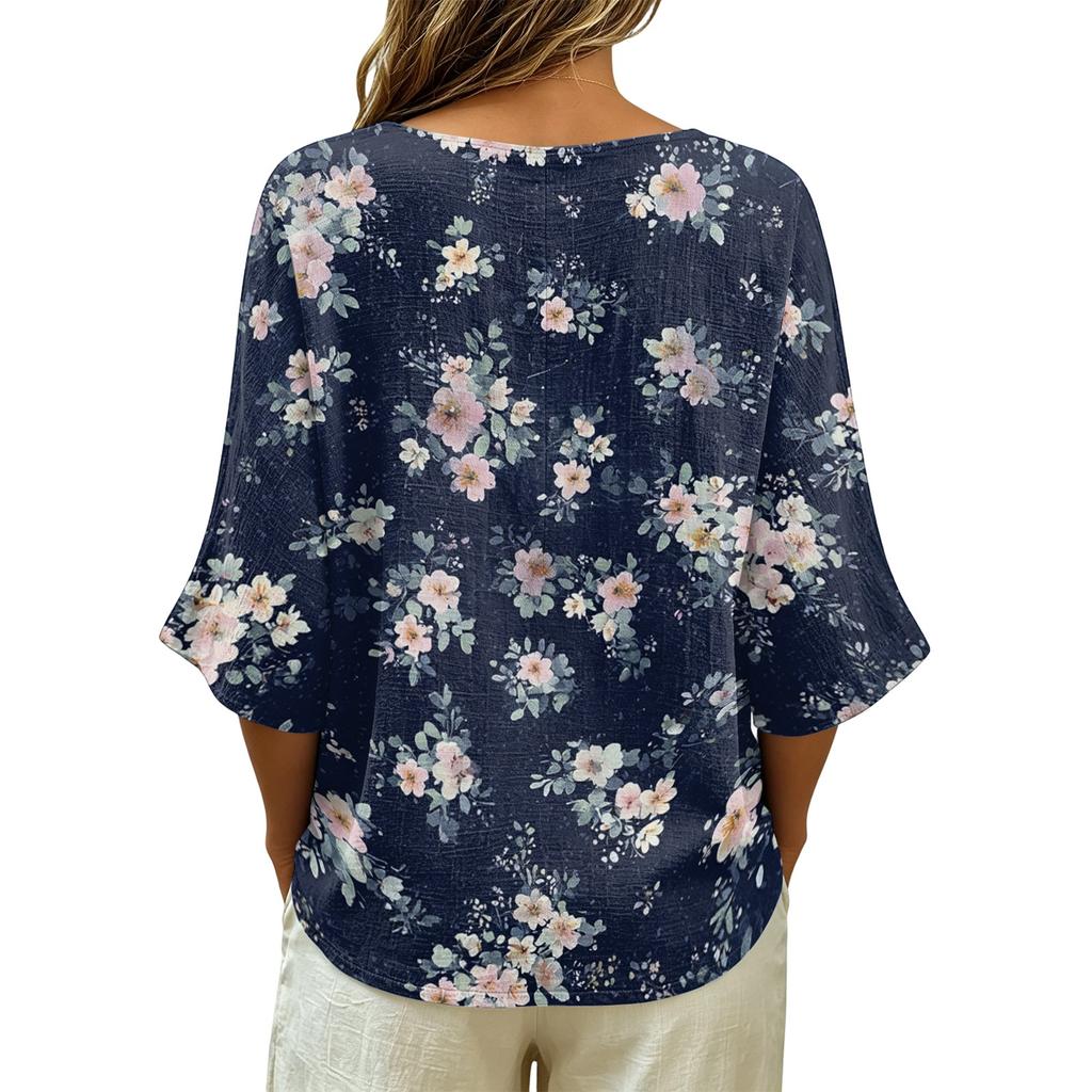 Women V Neck Vintage Floral Print Loose Fit Short Sleeve Blouse Linen Blend Casual Top for Everyday Wear Summer Spring