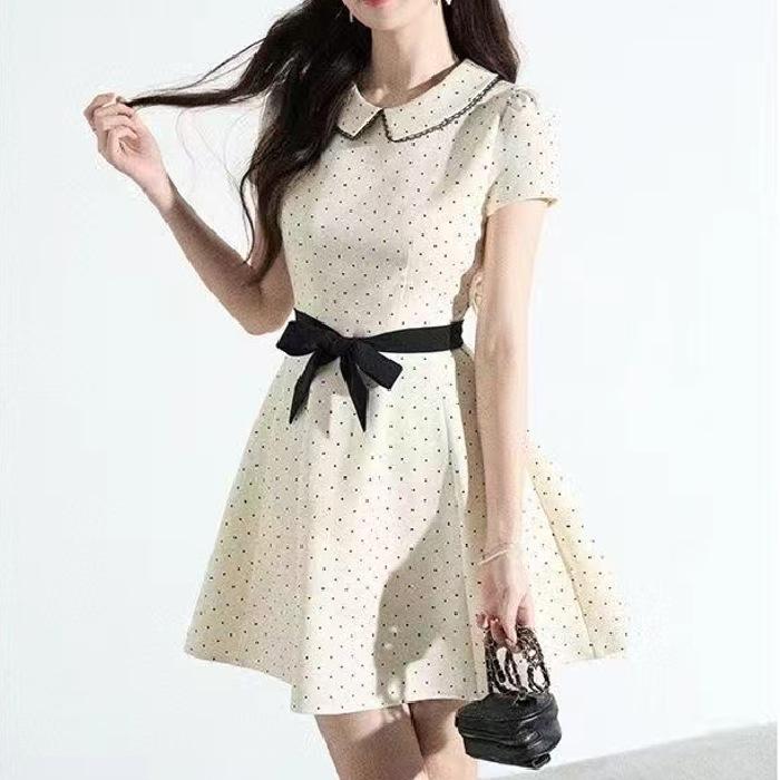 Doll Collar Sweet Apricot Polka Dot Dress Women's Summer Small Fragrant Wind French Pinched Waist Miu Small Foreign Dress A-word Skirt