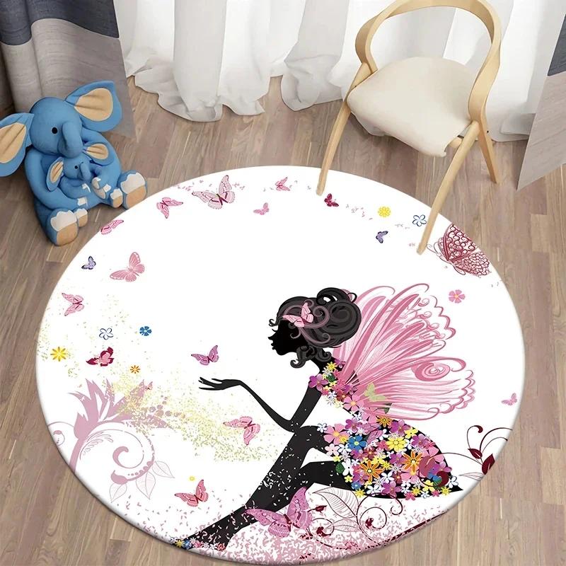 Butterfly Flower Fairy Girl Round Carpet Living Room Rugs Soft Doormat For Children's Room Playroom Decor Kitchen Bath Floor Mat