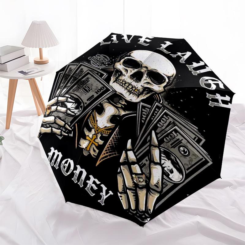 

1pc Live Laugh Money Skull Outdoor Umbrella - Automatic Opening/Closing, Portable 3-Fold Design with 8-Rib Iron Frame, Perfect Gift for Fans and Trave