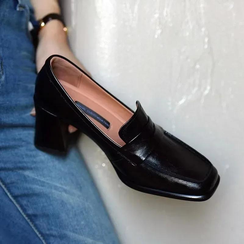 Autumn Women's High Heel Shoes New Fashion Shallow Square Toe Chunky Heel Slip On Shoes for Women Dress Students Mary Jane Shoes