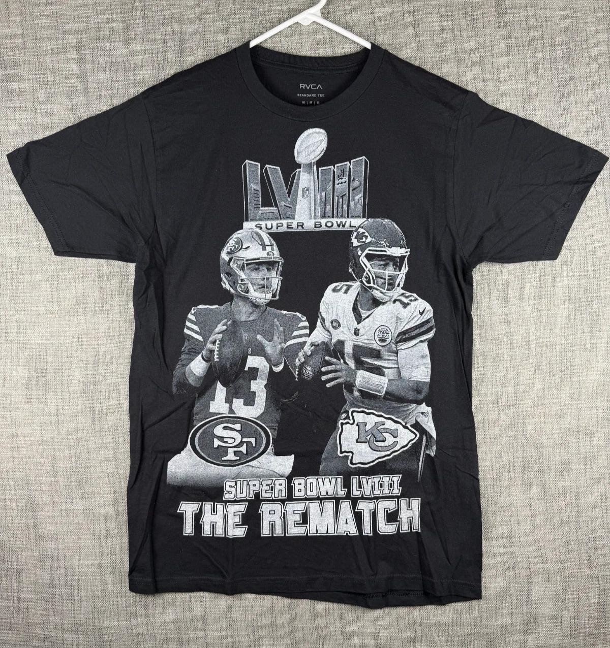 

Size M - RVCA Super Bowl LVIII 49rs Chiefs Rematch 2023 Graphic 100% Cotton T-shirt Mens Tees Top Black 4XL