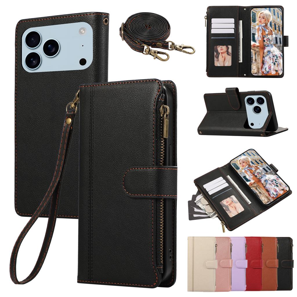Crossbody Wrist Strap Wallet with Card Holder Phone Case for IPhone 17 Air 16 Plus 15 14 13 12 11 Pro Max XS XR Leather Cover