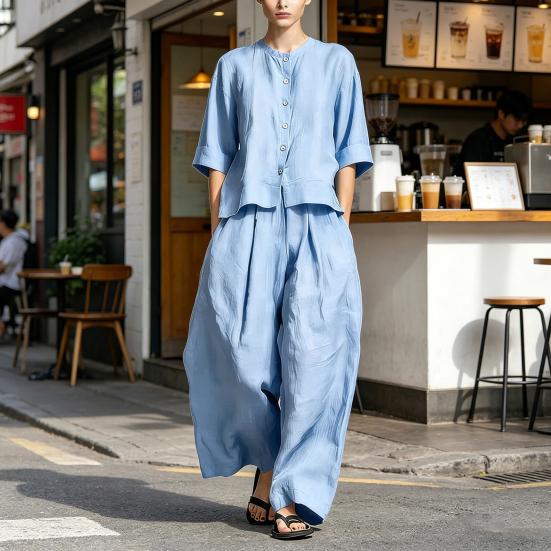 Set Estivi in Cotone e Lino da Donna a 2 Pezzi, Top con Bottoni a Manica Corta e Pantaloni a Gamba Larga, Completi Casual da Casa con Tasche