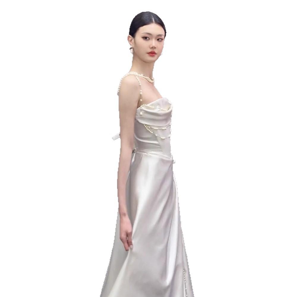 Tube top satin light wedding dress dress bride French white small   new simple light luxury going out dress
