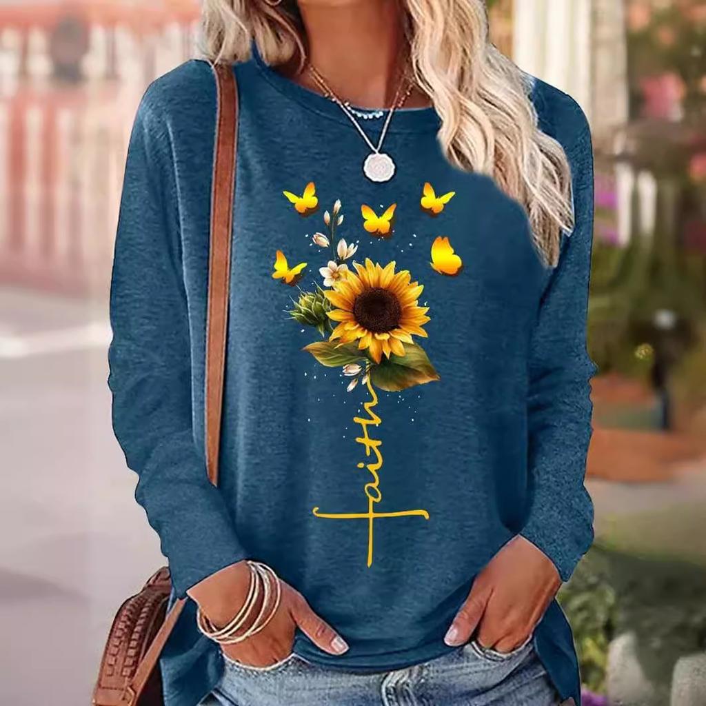 Round Neck 3D Printed Sunflower Pattern Top Fashionable Casual Long Sleeved Women's T-shirts