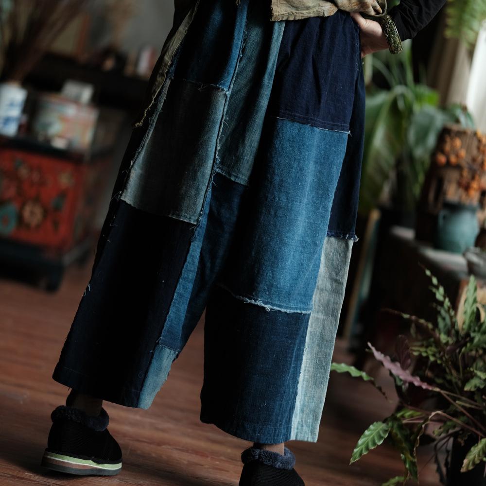 Johnature Women Blue Patchwork Wide Leg Pants Elastic Waist Spring Trousers Loose Vintage Calf Length Pants