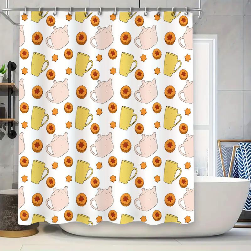 

Vintage Floral Printed Shower Curtain With Teacups And Donuts Pink And Yellow Pattern For Bathroom Decorations W60H190(CM)-1 Pcs
