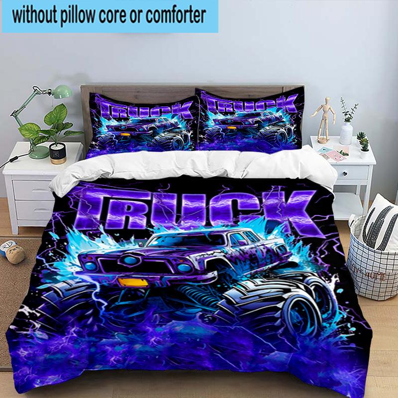 Electric Monster Truck Art 3pcs Bedding,Including 1pc Duvet Cover And 2pcs Pillowcases Perfect for Christmas,Ideal for Bedroom, Dormitory