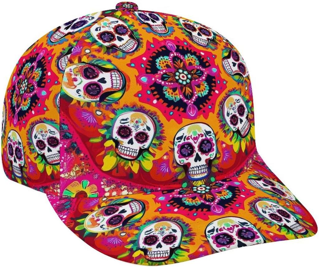 Zucker Totenkopf Buntes Blumenmuster Sonnenhut Herren Damen Verstellbare Druckknöpfe Baseballkappe Dad Cap zum Angeln Tennis Outdoor