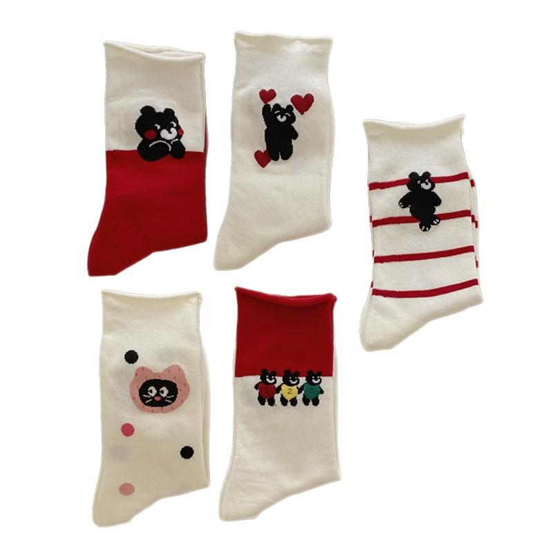 Rolled-up Socks for Women, Autumn Red and White Mid-calf Socks, Cartoon Bear Pile Socks, Striped Boneless Socks