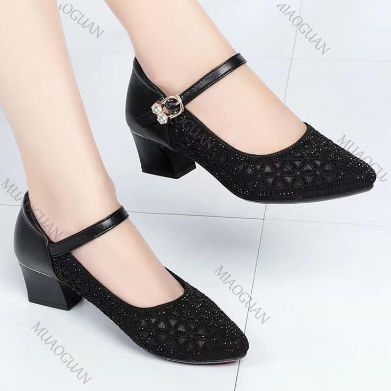 Fashion Mesh Hollow Breathable Single Shoes Women Spring Summer Thick Middle Heel Female Shoes Casual Solid Rhinestone Heeled Sandals