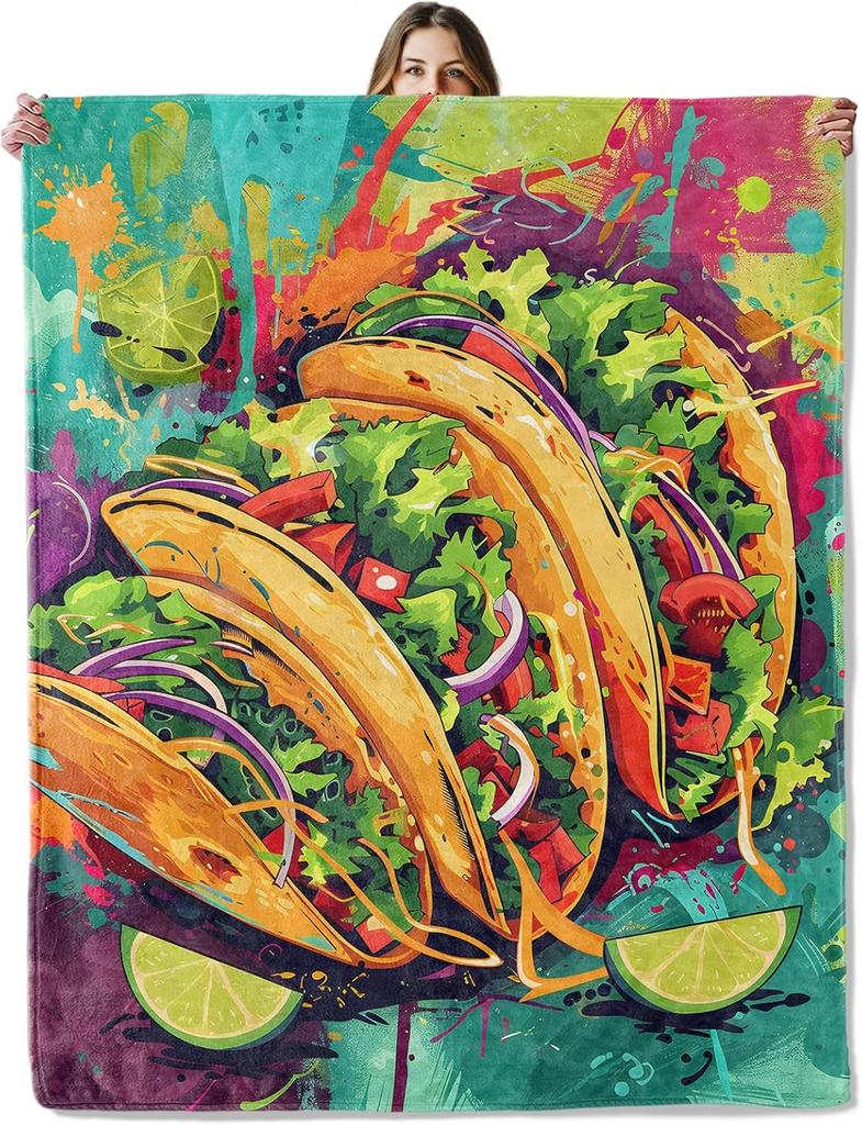 Taco Food Throw Blanket for Girls Boys Kids Adults, 50x60 in, Cozy Flannel Blanket for Bedroom, Camping, Couch, Room Decor, Fuzz