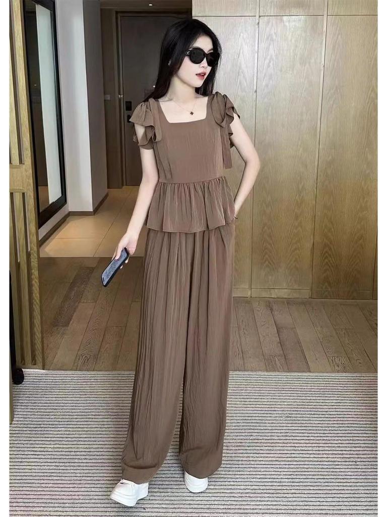 2024 Plus Size Ice Silk Women’s Stylish Summer Two-Piece Set with Wide-Leg Pants