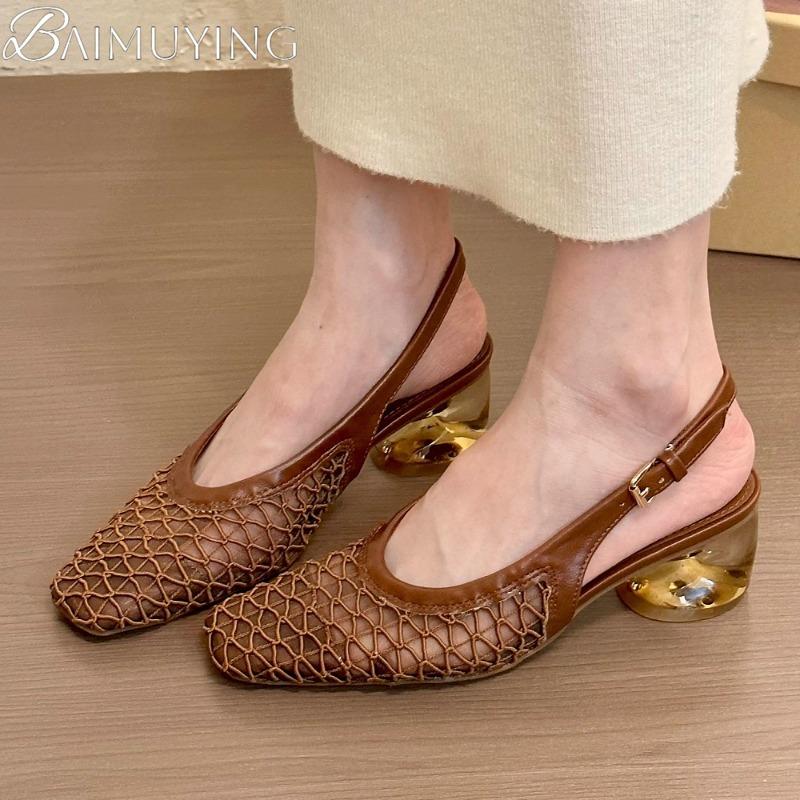 Fashion Mesh High Heels Sandals Women Shoes Hollow Square Toe Slippers 2025 Trend Summer Elegant Dress Pumps Chunky Sandalias De Mujer