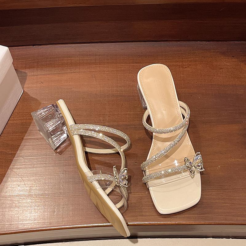 Shoes Woman 2025 Square Heel Transparent Slippers Glitter Slides Fashion Heeled Mules Block Jelly Luxury High Summer Pumps Cryst