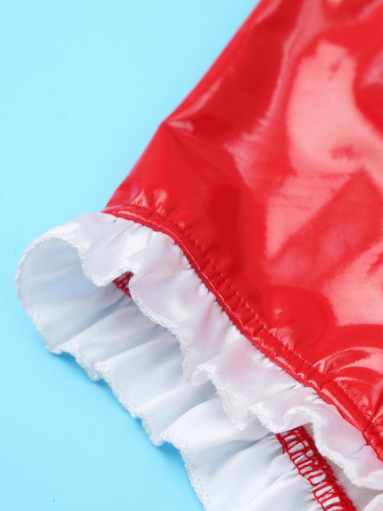 Γυναικείο γυαλιστερό λουστρίνι Frilly Maid Knickers με κορδόνια με φερμουάρ με καβάλο εσώρουχα για παιχνίδι ρόλων για νυχτερινό κέντρο διασκέδασης